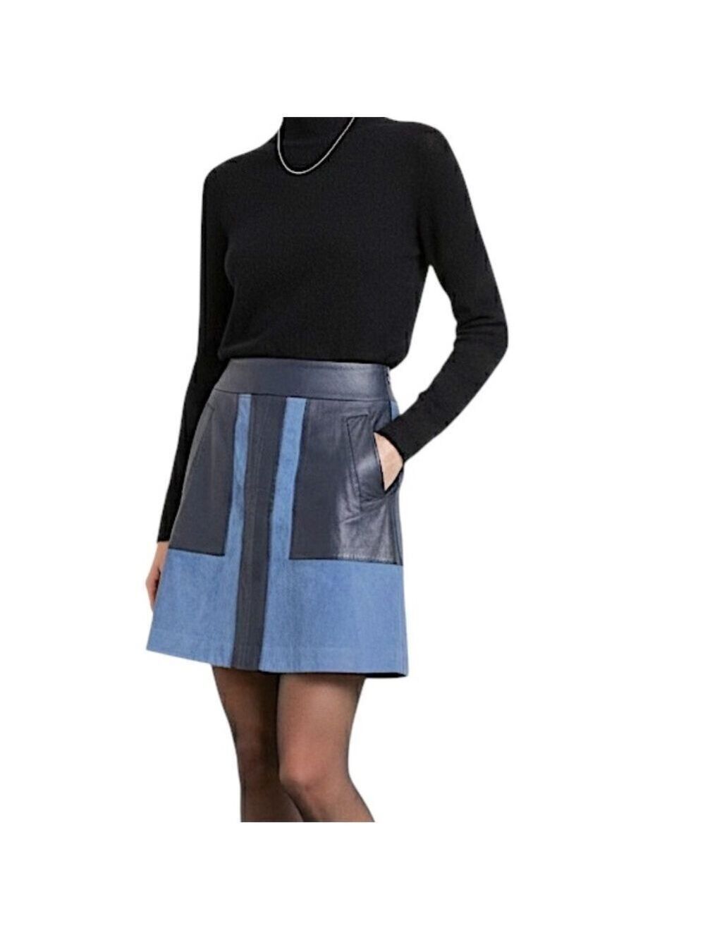 Lindex Sweden goat suede lambskin leather blue colour block a line mini skirt S